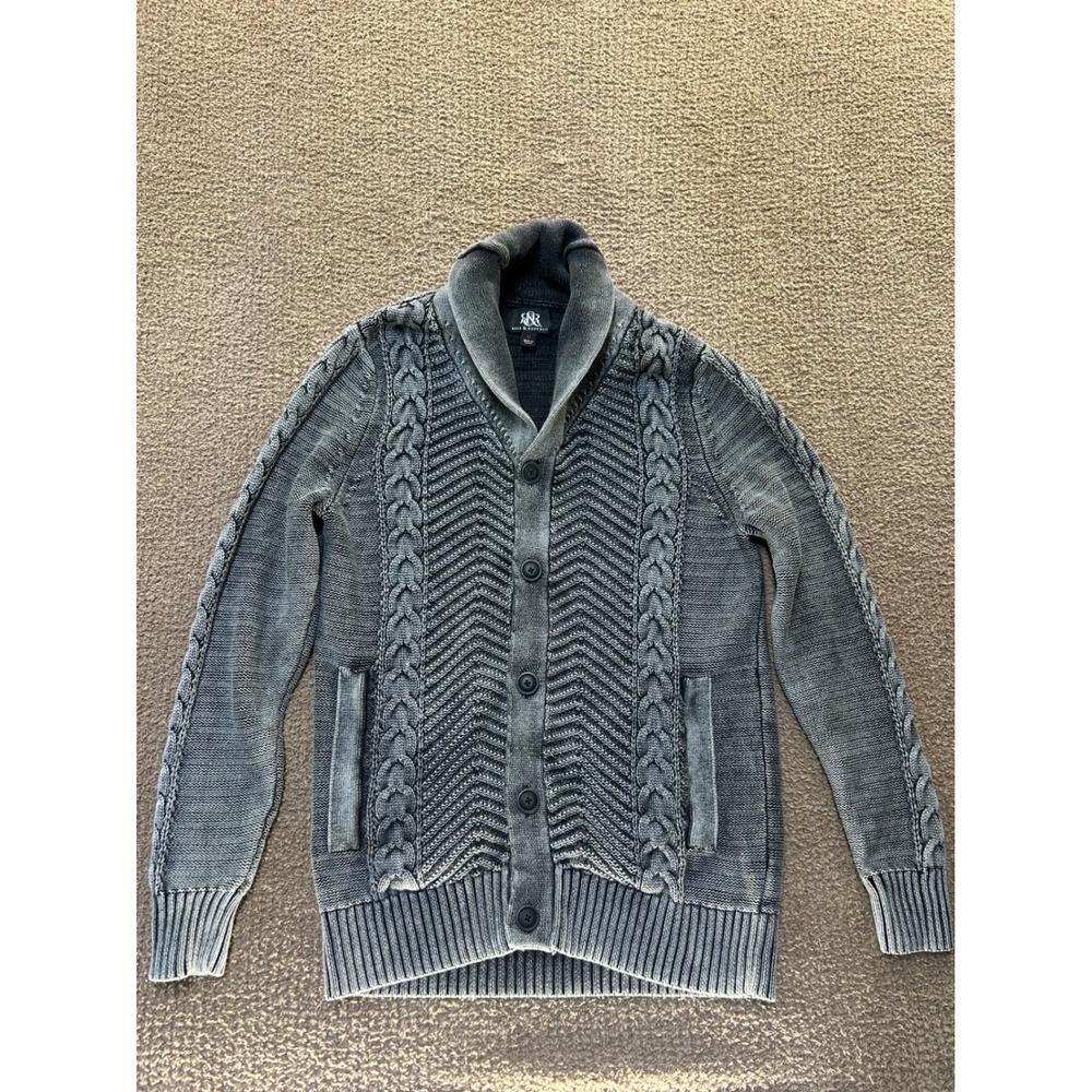 Rock & Republic Mens Shawl Collar Cardigan Sweater Gray Cable Knit Chevron Med